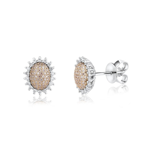Eminence Pinks Sunflower Oval Pave Stud Earrings | 18ct White Gold